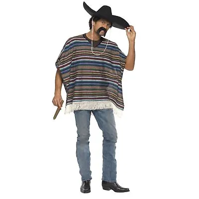 Adult Mens Genuine Mexican Bandit Blue Poncho Fancy Dress Costume Accessory • £17.78