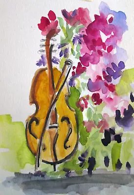 Delilah Art Violin Garden Watercolor Impressionism NR • $0.99