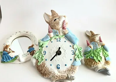 $45.70 • Buy 3 Pieces Beatrix Potter Peter Rabbit Wall Clock Mirror Bunny F Warne Schmid 1990