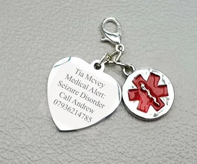 Seizure Disorder Medical Alert ID Charm Engraved Any Information Adults Children • £6.99