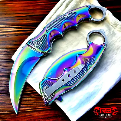 Rainbow KARAMBIT SPRING POCKET KNIFE Tactical Open Folding Claw Assisted Blade • $16.02