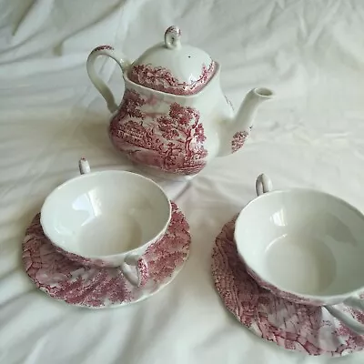 Vintage The Hunter By Myott Two Handle Tea Cups Saucers And Teapot • £269