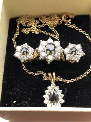 9ct Gold Sapphire & CZ  Ring Necklace  And Earrings Set 8.5g Hallmarked • $298.69