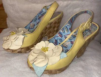 Miss L Fire Yellow Floral Flower Wedges Mule Style 36 Rockabilly Wicker  Weave • £57.84