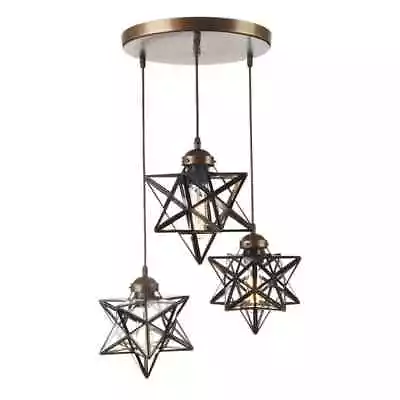 OUKANING 12 In. Brown Antique Moravian Star Pendant Light W/ Metal Glass Shade • $129.95