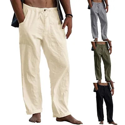 $4.27 • Buy Mens Linen Pants Summer Casual Trousers Yoga Loose Beach Drawstring Elasticated