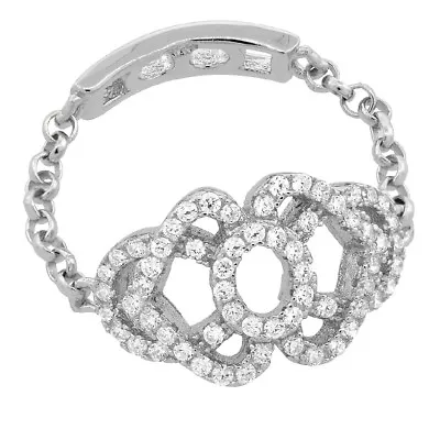 Sterling Silver Chain Shank Ring With Micro Pave Cubic Zirconia Stones Hearts • $19.99