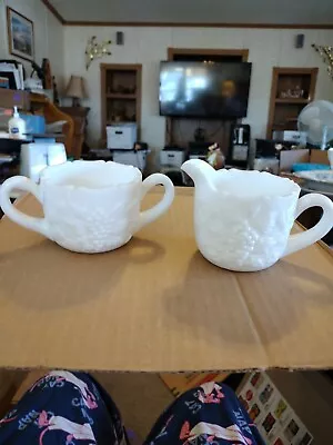 Vintage Westmoreland Milk Glass Leaf And Grapes Sugar Bowl Creamer Set • $8