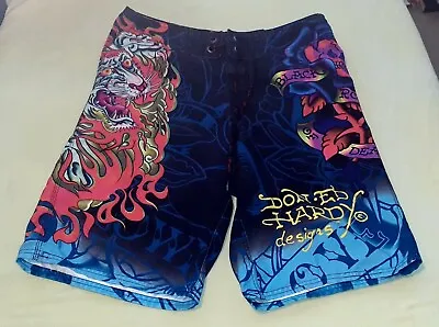 Ed Hardy Surf Or Die Board Shorts Swim Trunks Lace Up Mens 33 Tiger Rose Death • $15.99