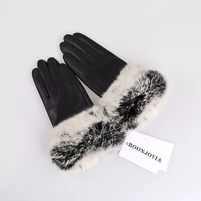 BOONJOVIA Women's Genuine Sheepskin Leather Gloves Winter Warm Rabbit Fur Trim • $25.99