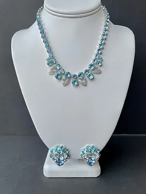 Vtg Eisenberg Ice Demi-Parure Two-Tone Blue And Clear Crystal Rhinestones Signed • $180