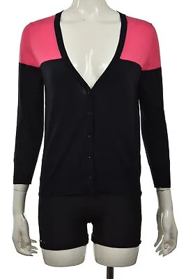 J Crew Womens Sweater Size M Pink Navy Color Block Cardigan 3/4 Sleeve Cotton • $24.99