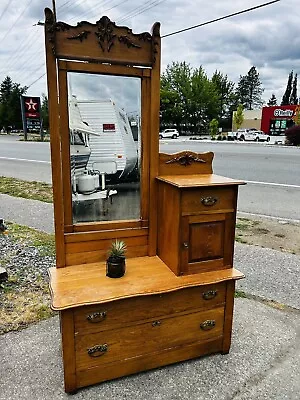Antique Oak Gentlemans Chest Dresser Hat Door Bureau￼ Mirrored Mirror Ornate Old • $295
