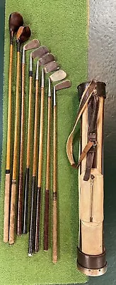 Antique Hickory Wood Shaft Golf Clubs And Vintage Stovepipe Golf Bag • $149.99