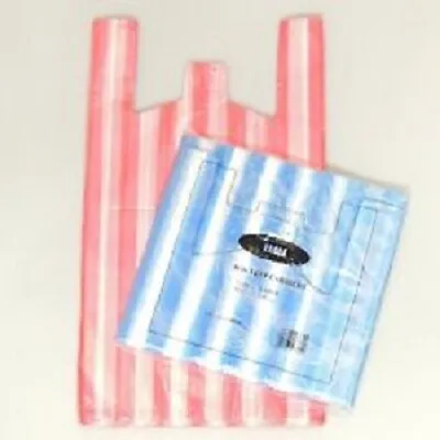 100 Vest Carrier Bags Candy Stripe Blue/White Or Red/White Takeaway Market Shop  • £3.45