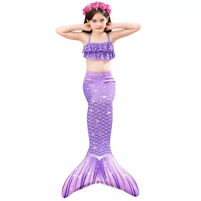 Kids Swimmable Mermaid Tail Set Swimming Costumes Cospaly Bathing Suit Beachwear • £16.66