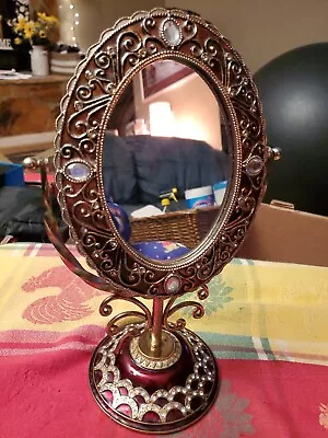 Cosmetic Make Up Mirror With Stand Red With Clear Jewels And Enameling-Women-EUC • $14