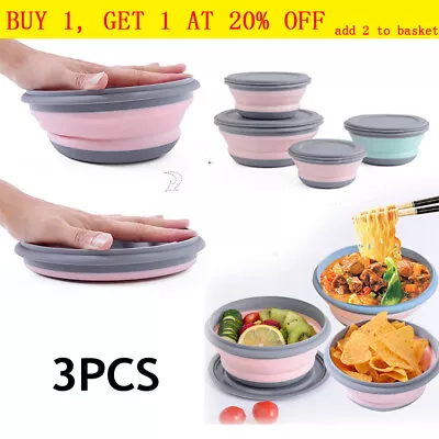 3pcs Set Collapsible Camping Bowl With Lid Silicone Foldable Travel Bowl UK • £7.74