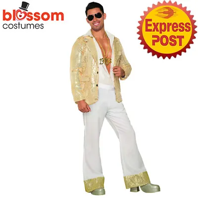 N741 Mens Gold 70s Disco Costume 1960s Fancy Dress Up Retro 1970s Hippie Outfit • $65.75