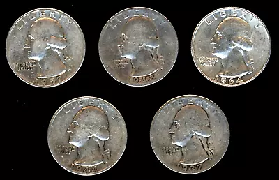 Lot Of FIVE 1932-1964 90% Silver Washington Quarters ~ FINE To BU ~ 90% SILVER • $26.95