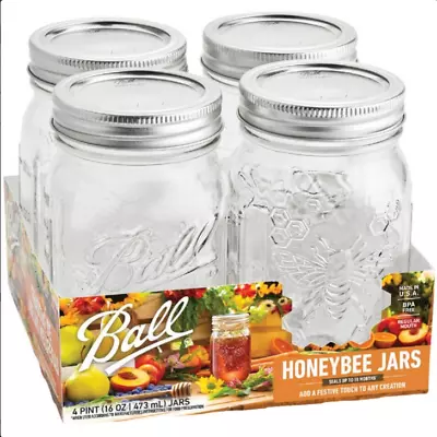 Ball Honeybee Keepsake Regular Mouth Pint Canning Mason Jars Glass 16oz Jar 4-Pk • $29.99