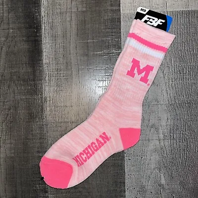 Michigan Wolverines Ncaa College Team Logo Womens Pink 2 Stripe Crew Socks • $9.67