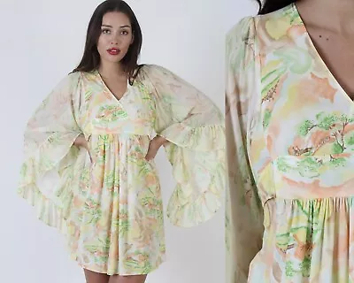 Vtg 70s Kimono Wing Angel Sleeve Village Castle Landscape Scene Boho Mini Dress • $79