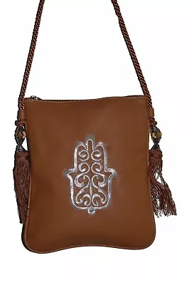 Moroccan Handbag Faux Leather Shoulder Bag Purse Embroidered Hamsa Med Brown • $9.99