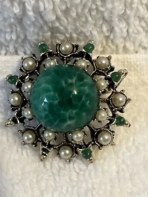 Vintage Marble Dark Green Brooch Cabochon Filigree Faux Seed Pearl Art Nouveau E • $14.50