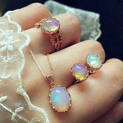 Women Moonstone Ring+Stud Earrings+Necklace Pendant Set Chain Jewelry Gifts X4A4 • $3.51