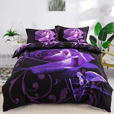 $0.99 • Buy Purple Rose Floral Doona Duvet Quilt Cover Set Double Size Bedding Romantic