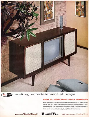 Muntz TV Stereo Phono AM FM Console Combination Mid Century Modern 1962 Print Ad • $24.99