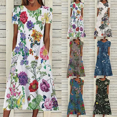 Womens Floral Midi Dress Short Sleeve Pocket Casual T-Shirt Dress Plus Size 20 • £12.59