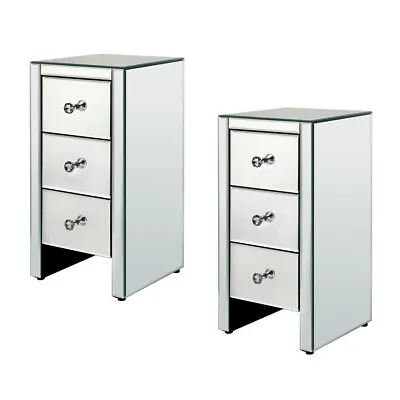 Set Of 2 Mirrored Nightstan End Table 3-Drawers Mirror Accent Side Table Silver • $173.99