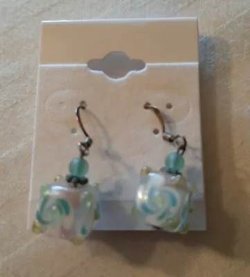 VTG Murano Turquoise Blue White Square Art Glass Bead Beaded Dangle Earrings  • $5.66