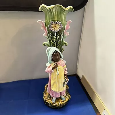 Majolica Antique Planter France Circa 1880 Vase Blackamoor Child Girl 12” Tall • $74