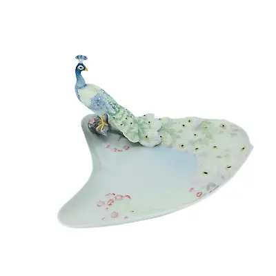 Porcelain Jewelry Dish With Peacock Figurine And Pink Freesia | Ring Dish • $130