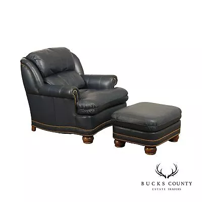 Hancock & Moore Blue Leather 'Austin' Club Chair And Ottoman • $1995