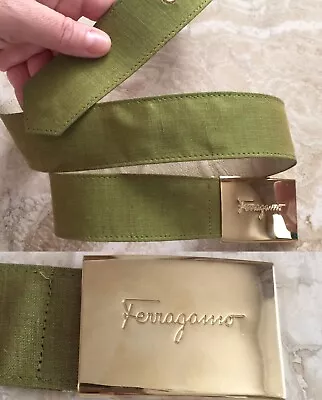 Salvatore Ferragamo Belt Green Color Gold Logo Name Boucle Vintage I46 Large • $102.21