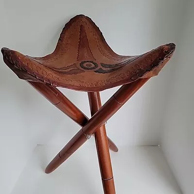 VTG Leather Tripod Folding Saddle Seat Stool Chair Aztec Western Indian Wood Leg • $60.69