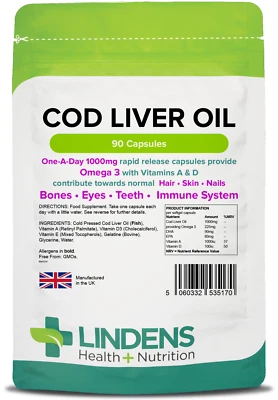 £6.99 • Buy Cod Liver Oil 1000mg Capsules (90 Pack) Vitamins A & D Lindens [5170]