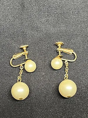 Vintage Gold Tone Marvella Screw Clip On Pearl Dangle Earrings Pre Owned • $15