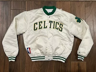 Vintage Starter Jacket Boston Celtics USA 80s White Satin Large NBA READ SEE PIC • $100