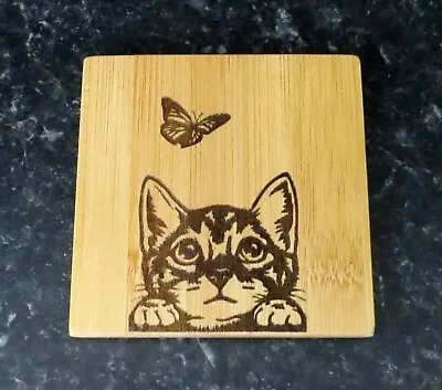 £4.99 • Buy Curious Cute Cat Personalised Bamboo Coaster Handmade Gift Idea Birthday Present