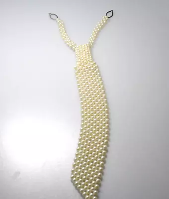 Vintage Woven White  Pearl Ladies Tie Long Dressy Necklace Clip FUN ! R3 • $17