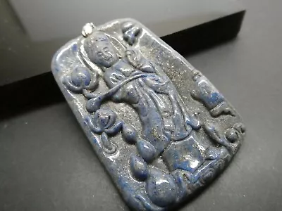 Vintage Lapis Lazuli Gemstone Carved Quan Yin Sterling Silver 925 Pendant • $24.99