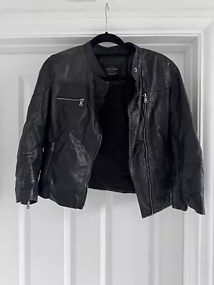 Zara Size L  100% Leather Black Jacket Coat Mid Sleeve Zip Winter Autumn Genuine • $56