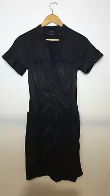 Wayne Cooper Womens Size 8 Black Shiny Short Sleeve Button Up Rock Dress • $38.49