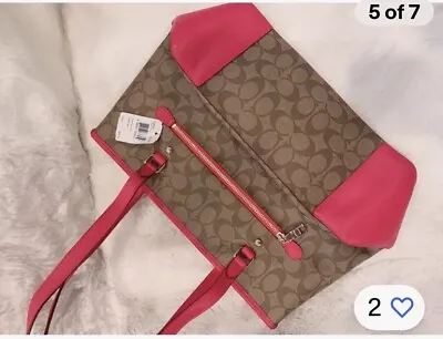 NEW Coach Signature Zip Top Tote F34603 Khaki Brown Pink Leather Bag Monogram • $222.69