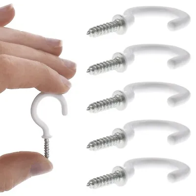 Screw Hooks X 5 Small 1  Plastic Coated Cup Wall Ceiling Hanger Key Peg White • £2.58